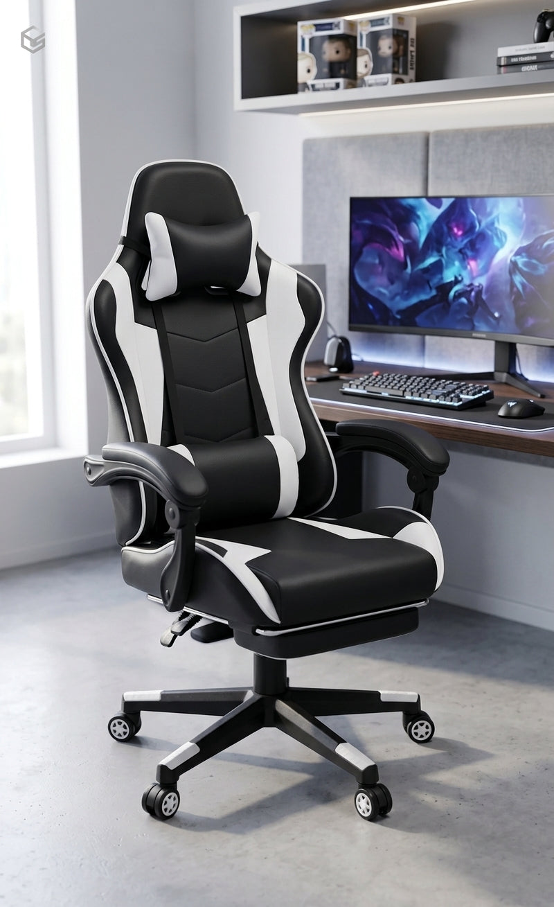 Ergonomic High-Back Leather Gaming Chair with Headrest, Lumbar Cushion & Retractable Footrest