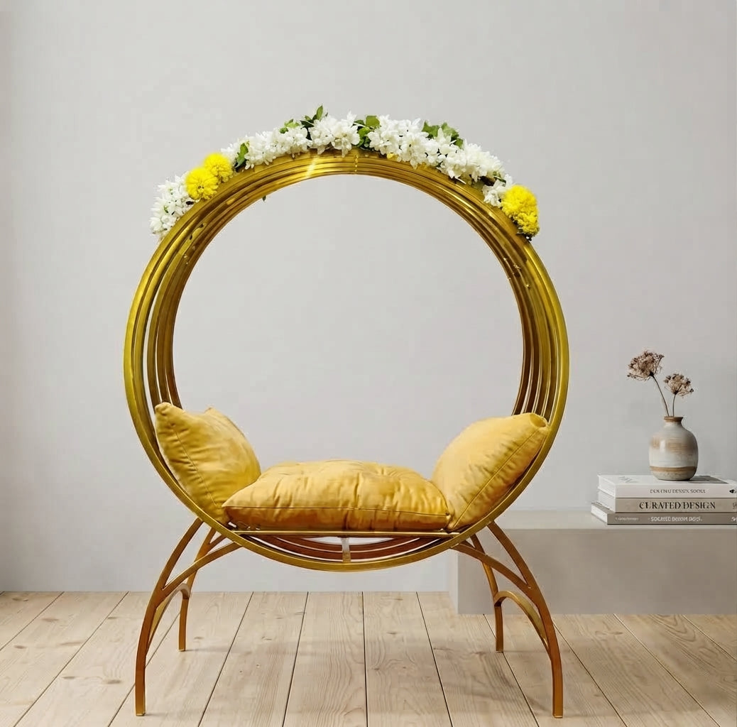 Luxury Golden Circular Ring Accent Chair with Floral Arch & Yellow Velvet Cushions
