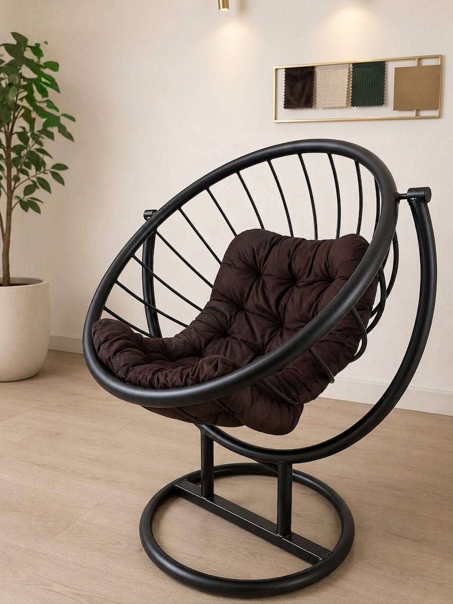 Modern Matte Black Circular Lounger Chair with Tufted Cushion
