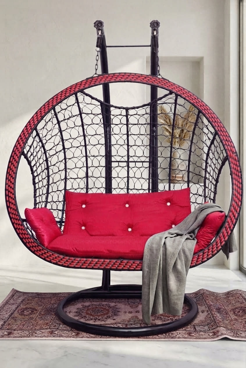 Luxury 2-Seater Woven Hanging Egg Swing Chair with Premium Cushions & Blanket