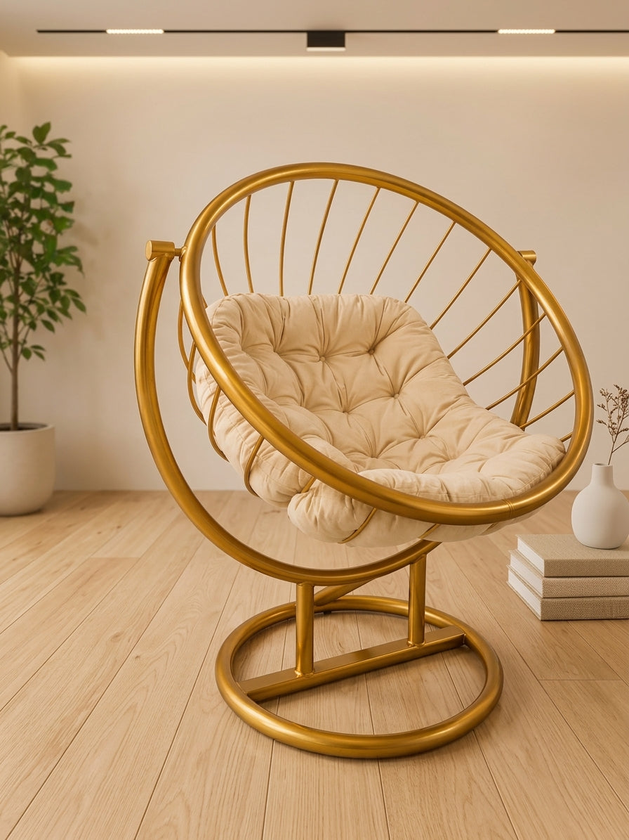 Modern Gold Circular Accent Lounger Chair with Tufted Beige Cushion